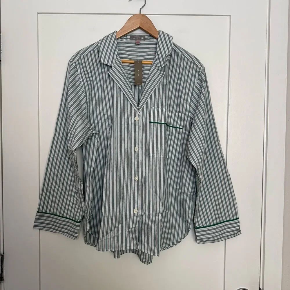 J Crew Pajama Top Womens L White Green Striped Long Sleeve Button Up Cotton NWT